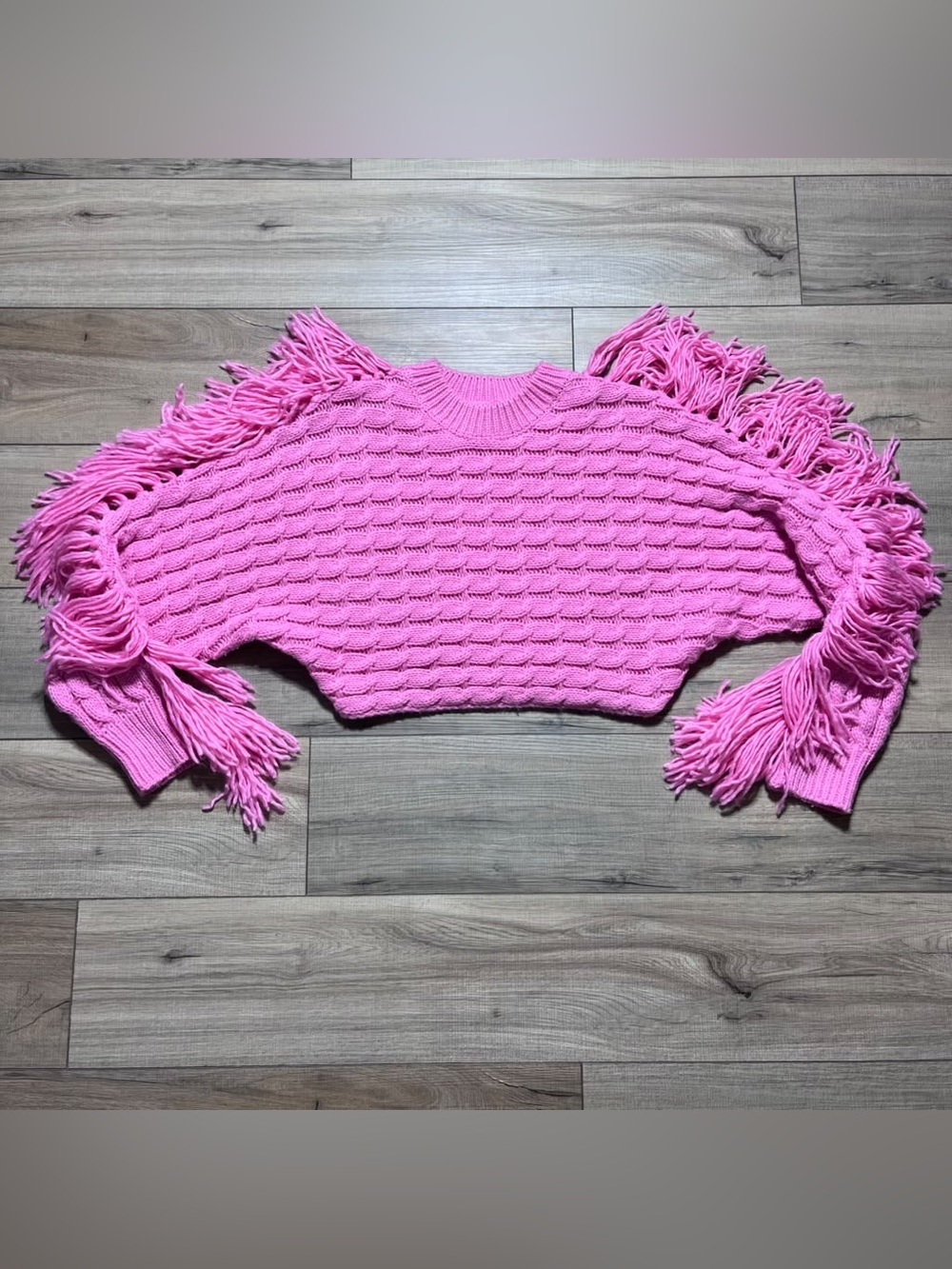 Hot And Delicious Women’s Cable Knit Cropped Sweater With Fringe Size M Pink